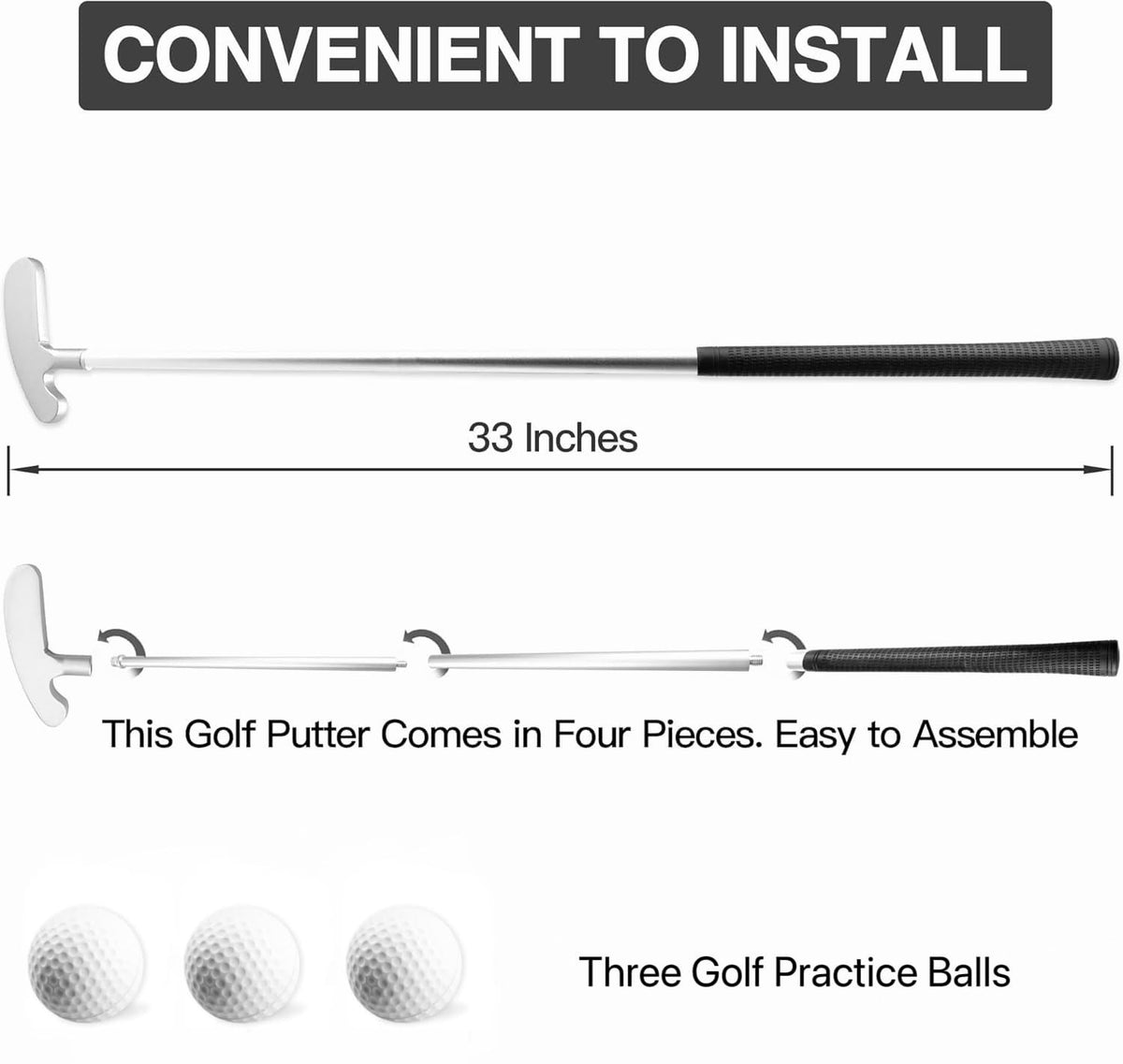 33-Inch Double-Sided Golf Putter for Left & Right Hand with 3 Balls
