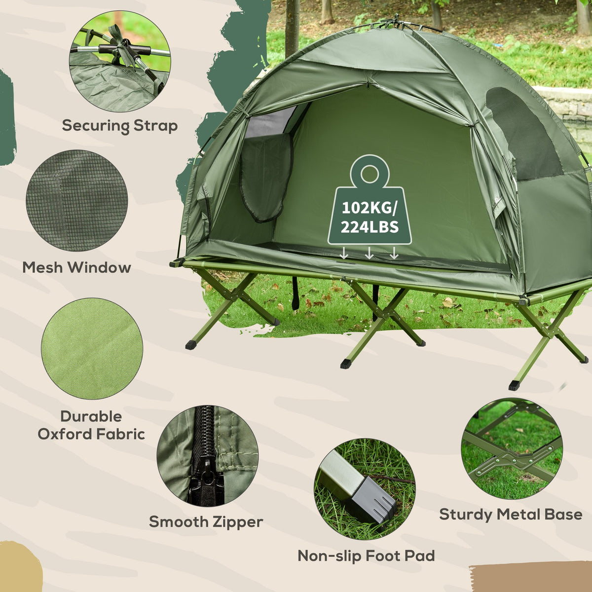 Single Person Camping Tent Cot Combo - Portable Foldable Tent and Cot in Green