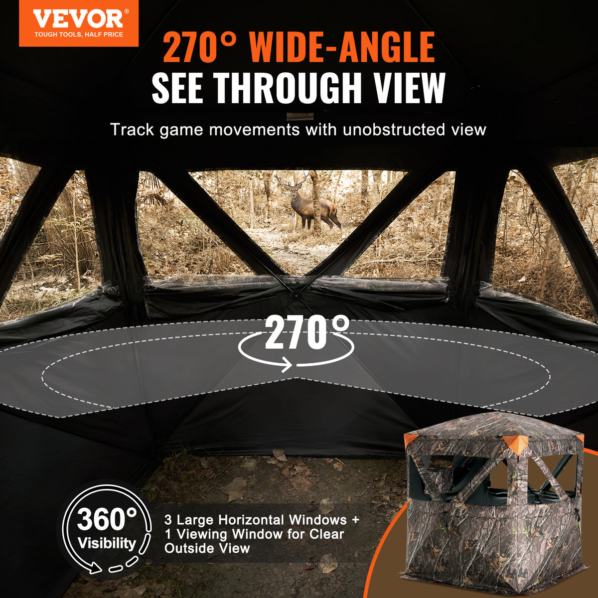 Ground Hunting Blind 270° with Mesh Windows for Deer & Duck - Weatherproof, Portable, 2-3 Person