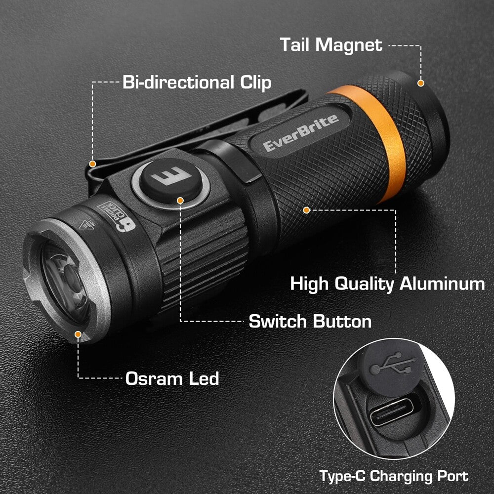Rechargeable Mini Flashlight 500 Lumens with USB-C, Magnetic Base & 5 Modes