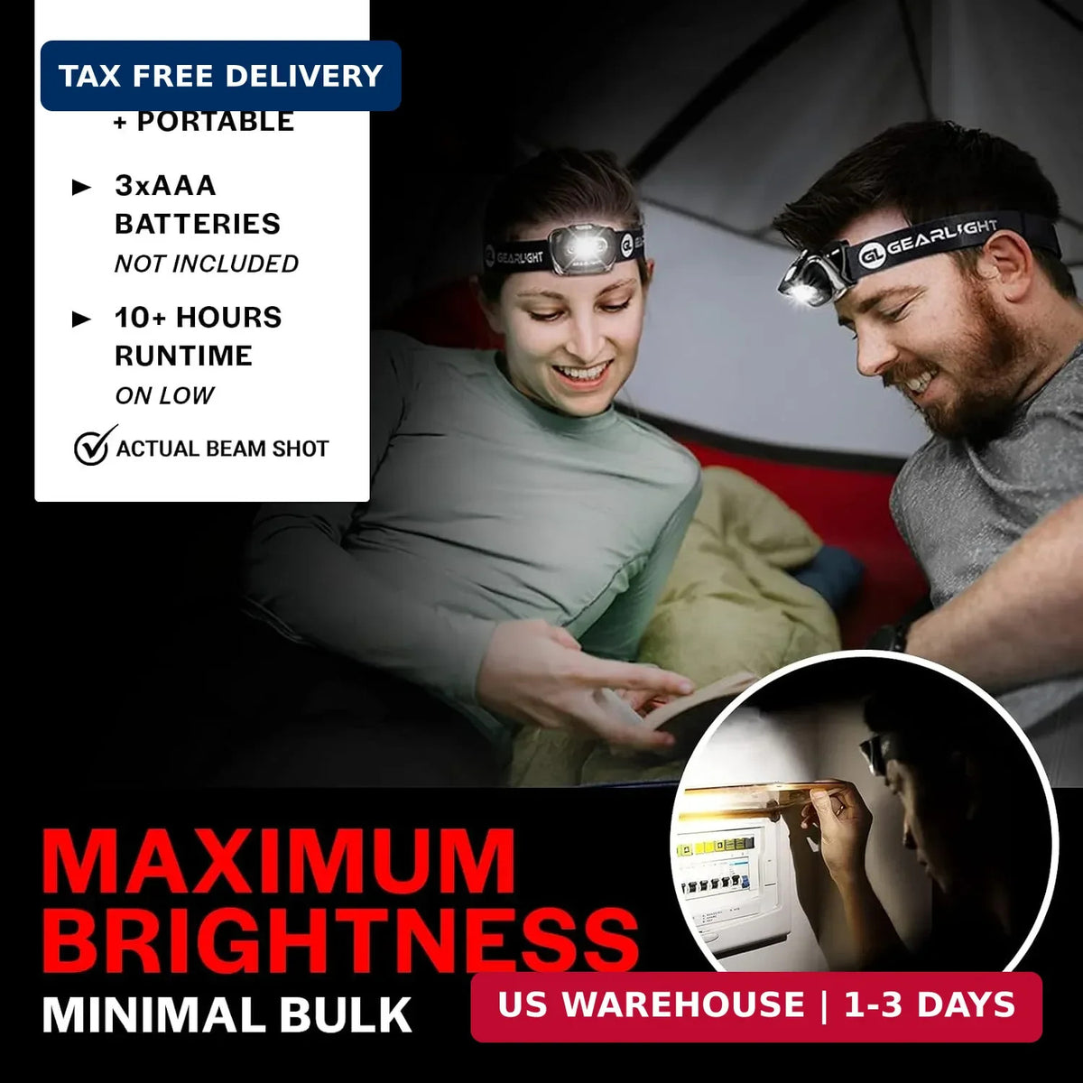 LED Headlamp 2-Pack Battery Powered with Red Light, Adjustable Tilt, Waterproof