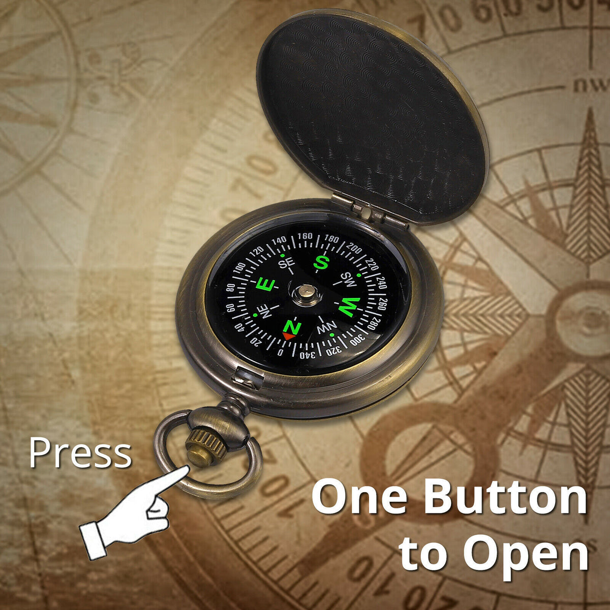 Portable Brass Survival Compass with Pocket Watch and Map for Hiking Camping
