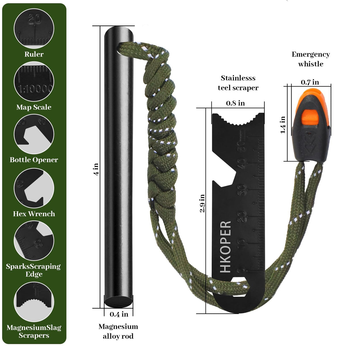 4 Inch Ferro Rod Fire Starter Kit with Multi-Tool for Camping Hiking Survival
