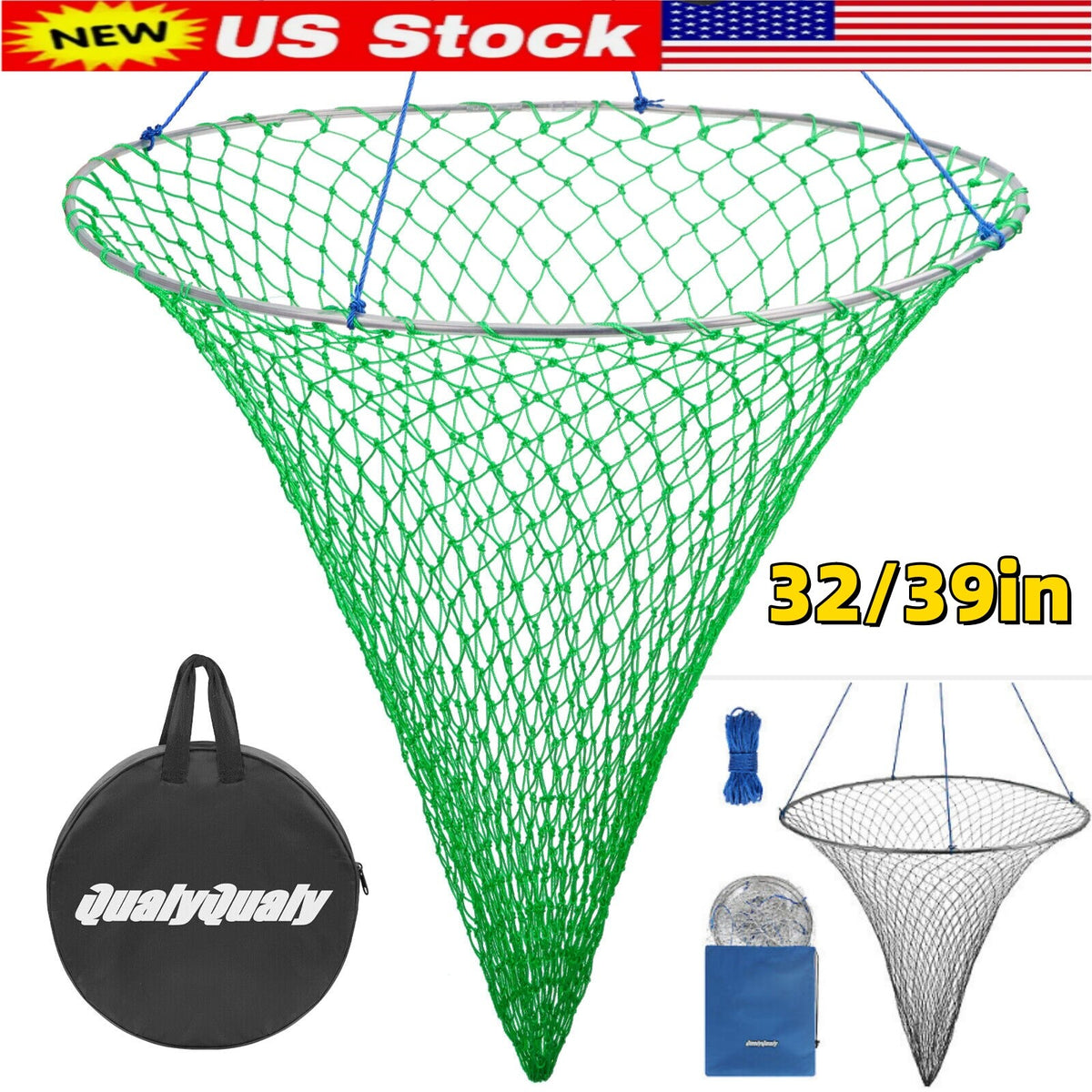 Foldable Bridge and Pier Fishing Net - Steel Hoop, Nylon Mesh, Multi-Size