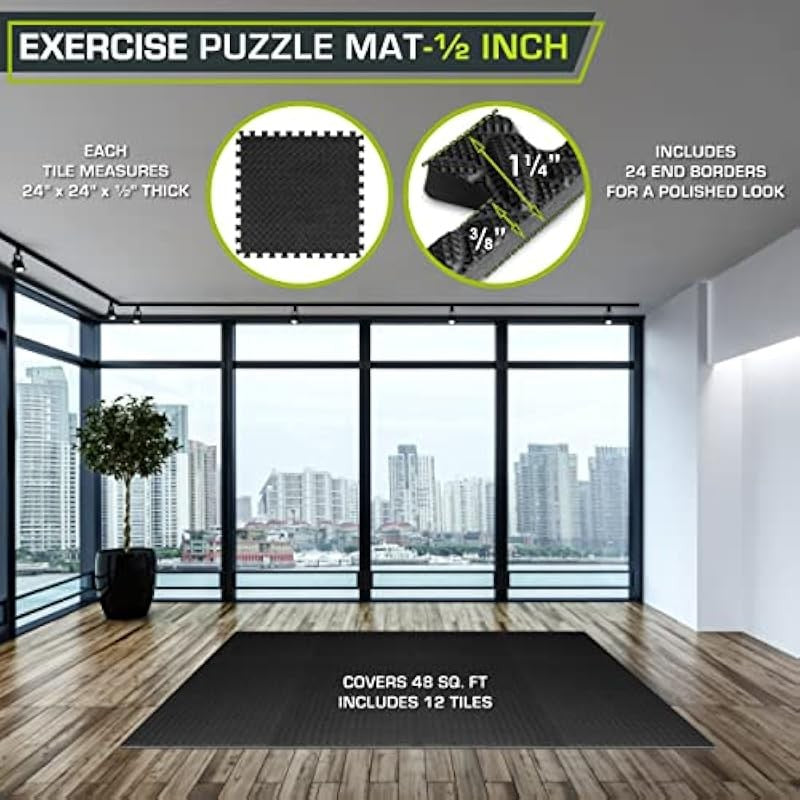 Interlocking Foam Floor Tiles 24x24in 1/2 Inch Thick Gym & Play Mat - 48 Sq Ft