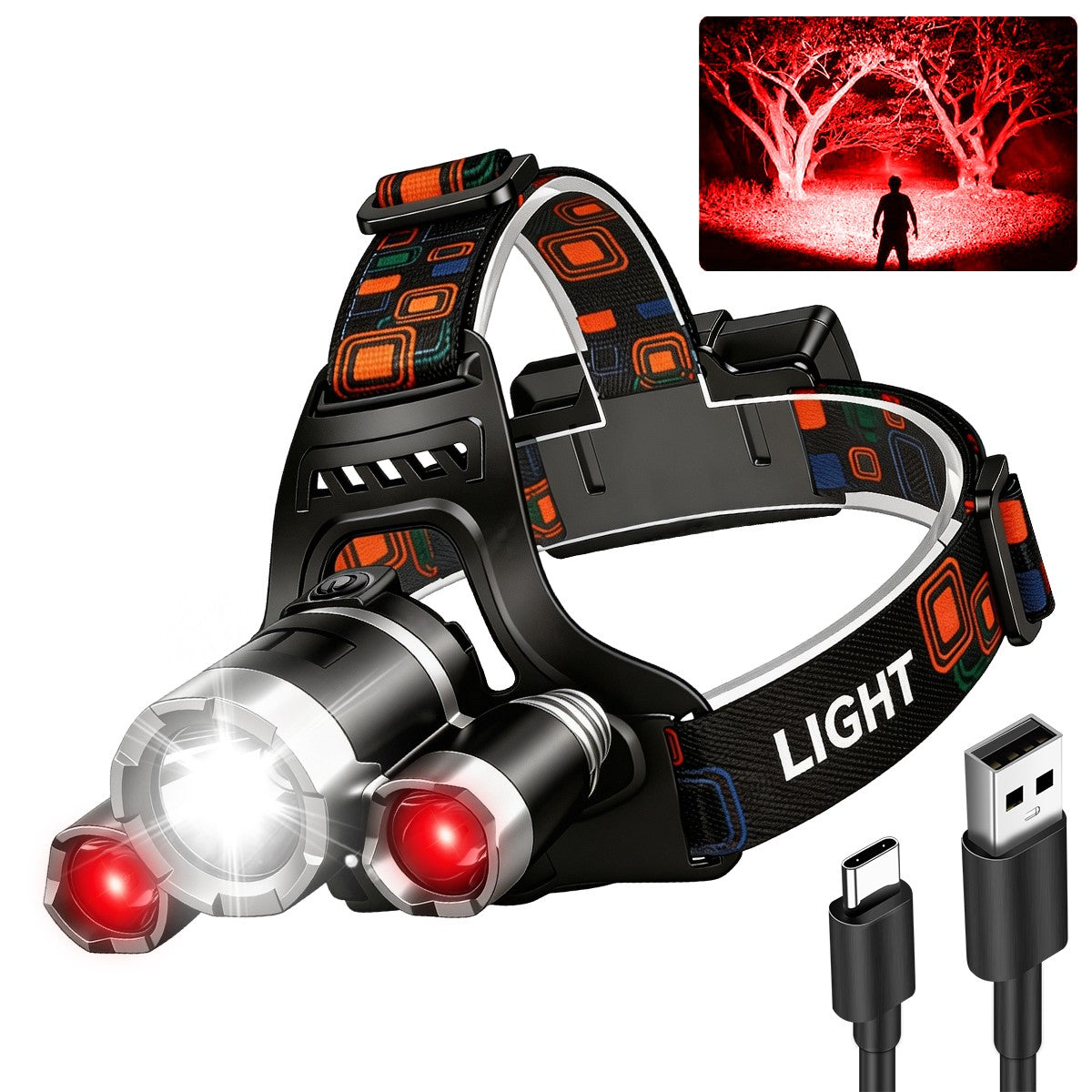 Rechargeable LED Headlamp with 4 Modes for Hunting Night Vision