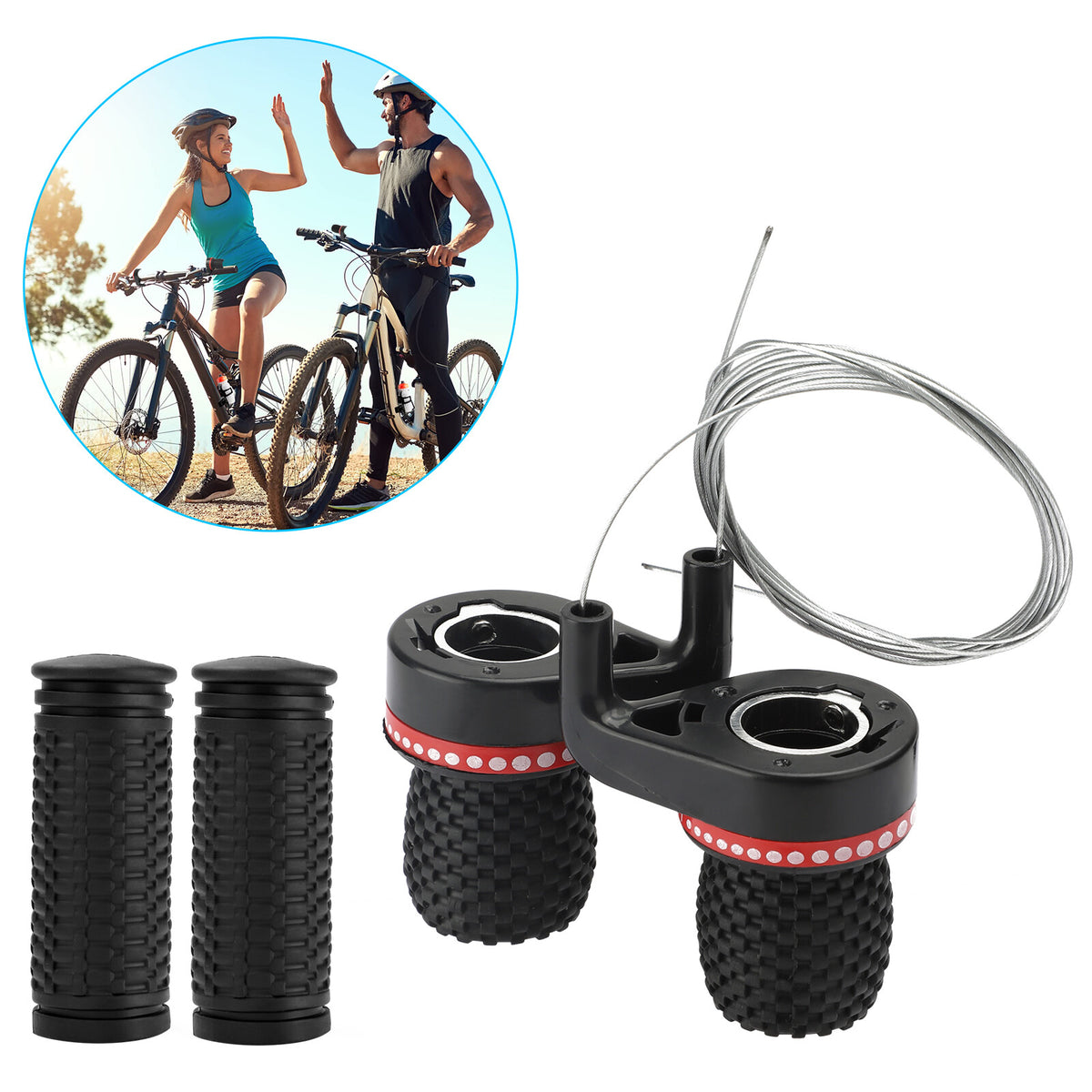 Bicycle Gear Shifter and Handlebar Grip Set for Mountain Bikes - Red & Black