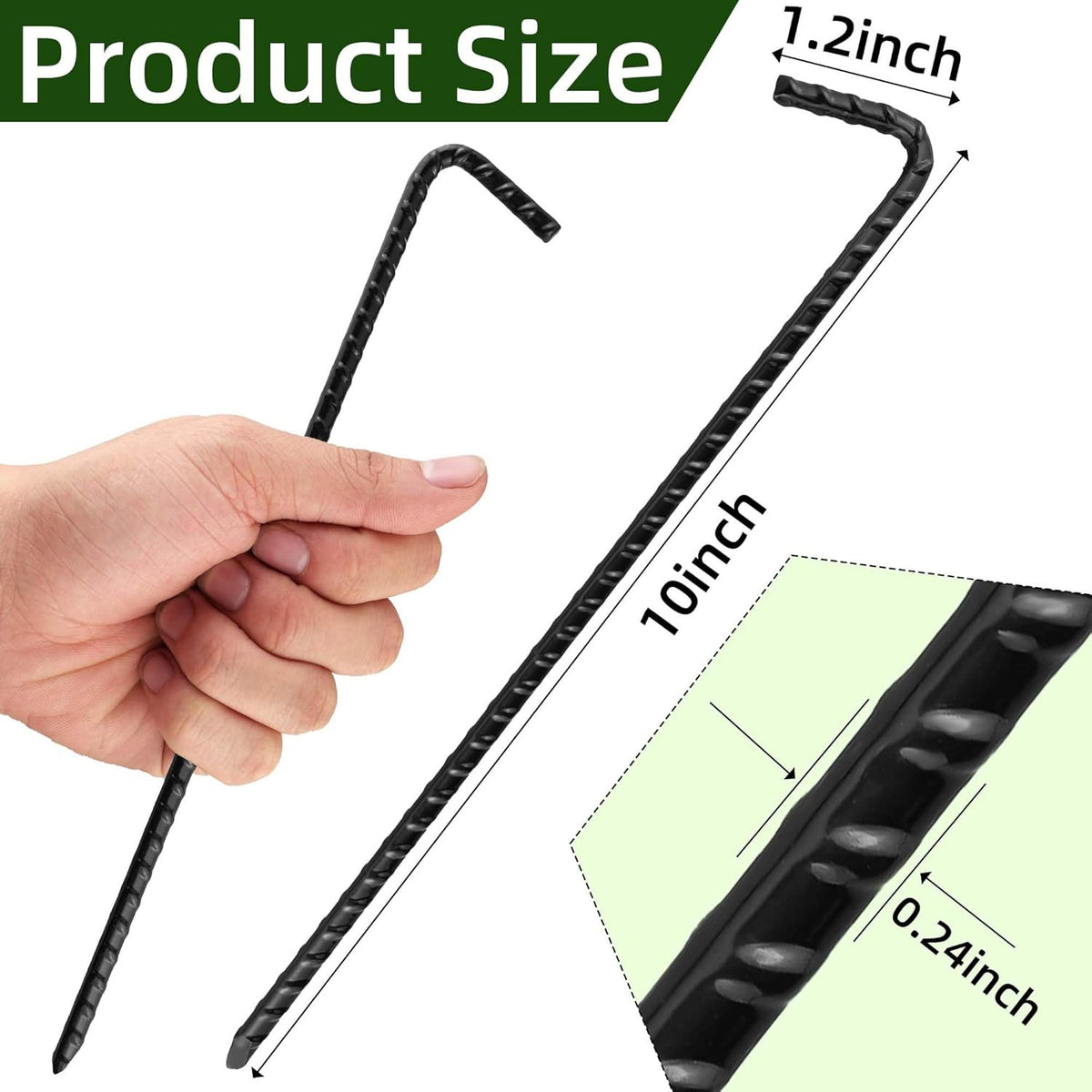 Heavy Duty Rebar Tent Stakes 10 Pack - Outdoor Camping Ground Anchors