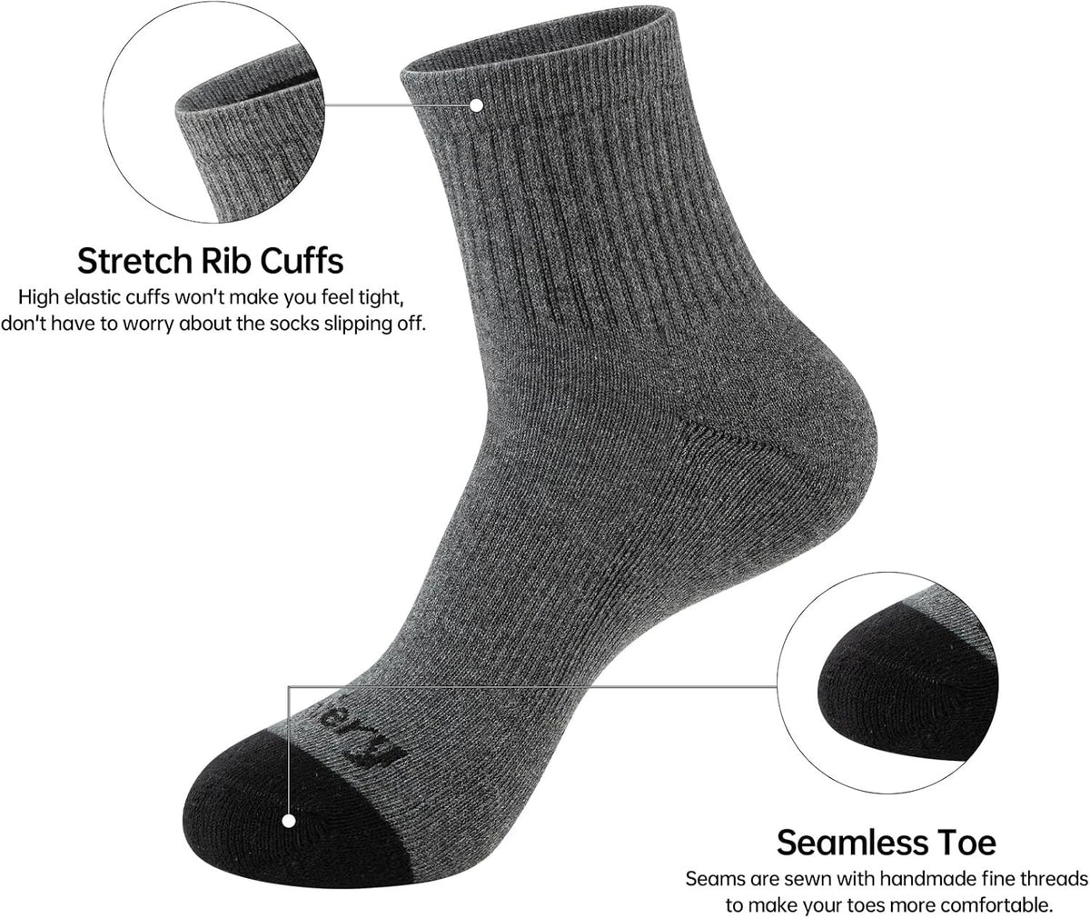 Men's 100% Cotton Cushioned Ankle Socks - Athletic, One Size, 5 Pairs Grey