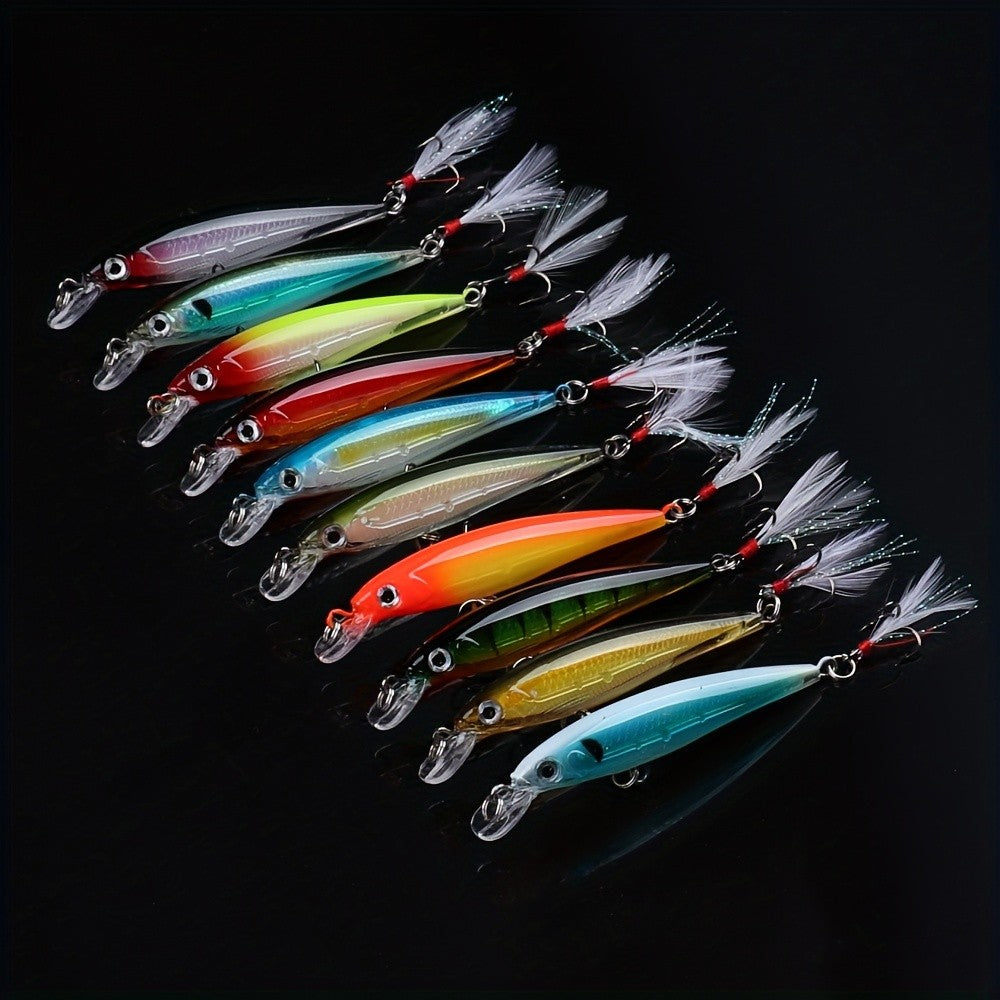 10-Pack Colorful Topwater Minnow Fishing Lures Hard Bait Tackle Kit