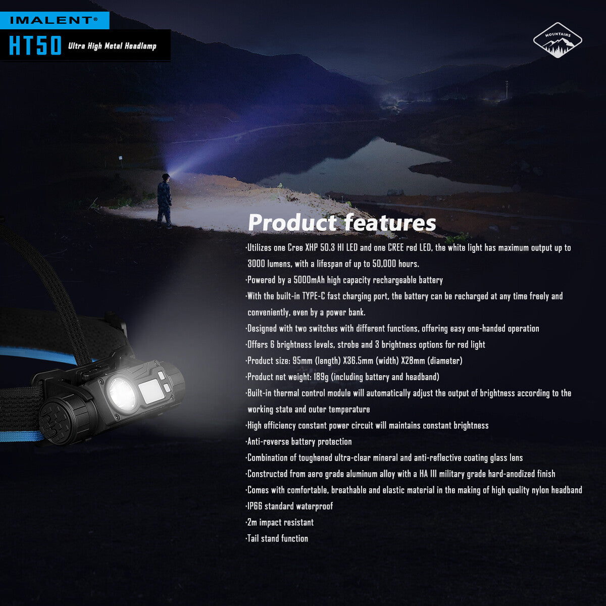 Rechargeable LED Headlamp Waterproof Headlight with Red Light Mode - 3000 Lumens