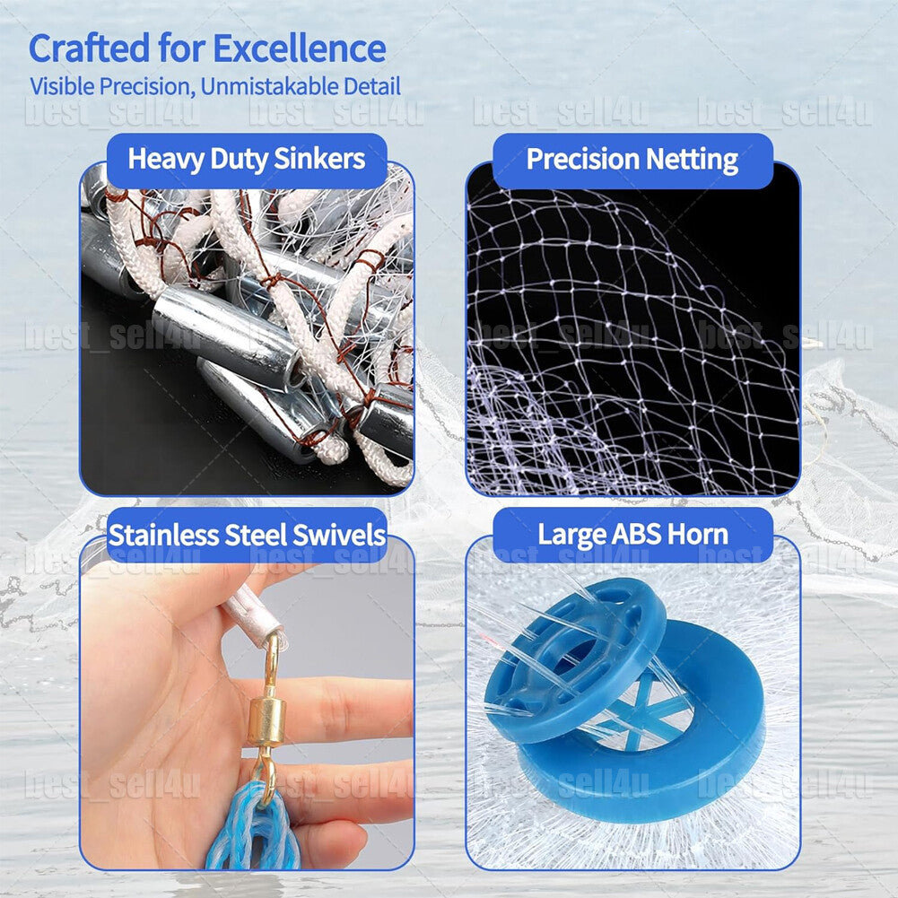 Heavy Duty Fishing Cast Net 6-16FT for Bait & Catching Fish - Durable Nylon Mesh