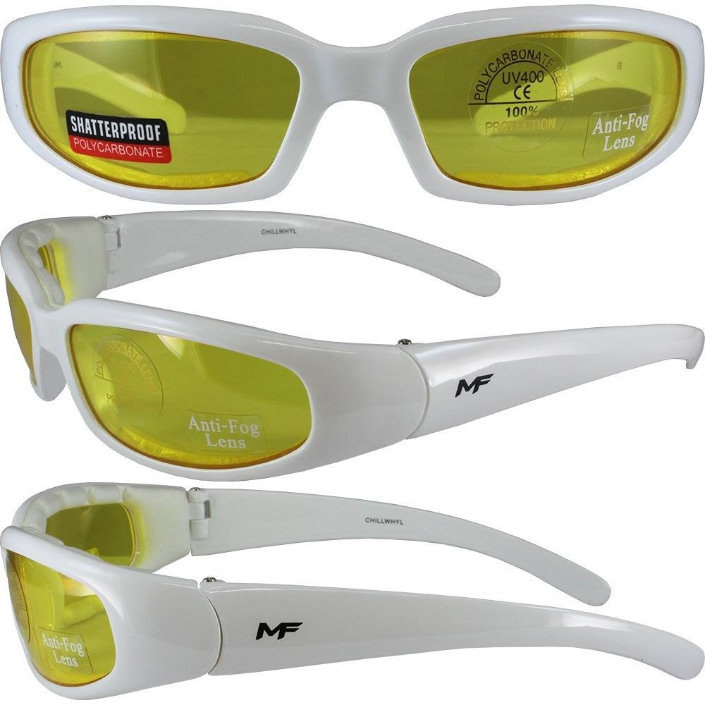Performance Cycling Glasses with Vented Foam Padding White Frame Yellow Lens