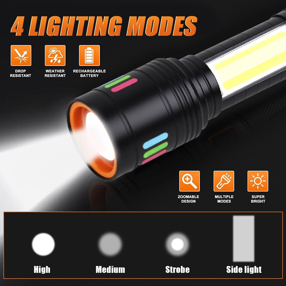 Rechargeable LED Tactical Flashlight 2 Pack Waterproof Emergency Light