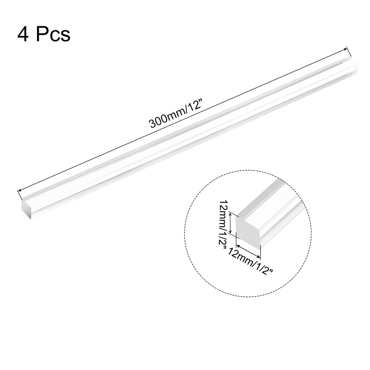 4 Pack Clear Acrylic Square Dowel Rods 1/2" x 12" for DIY Projects