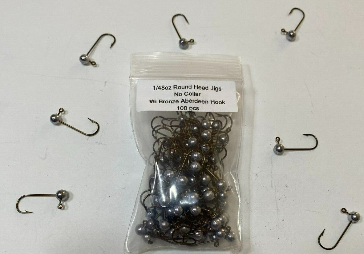 Unpainted Lead Round Head Jig Hooks 100pcs - No Collar, Size Varieties
