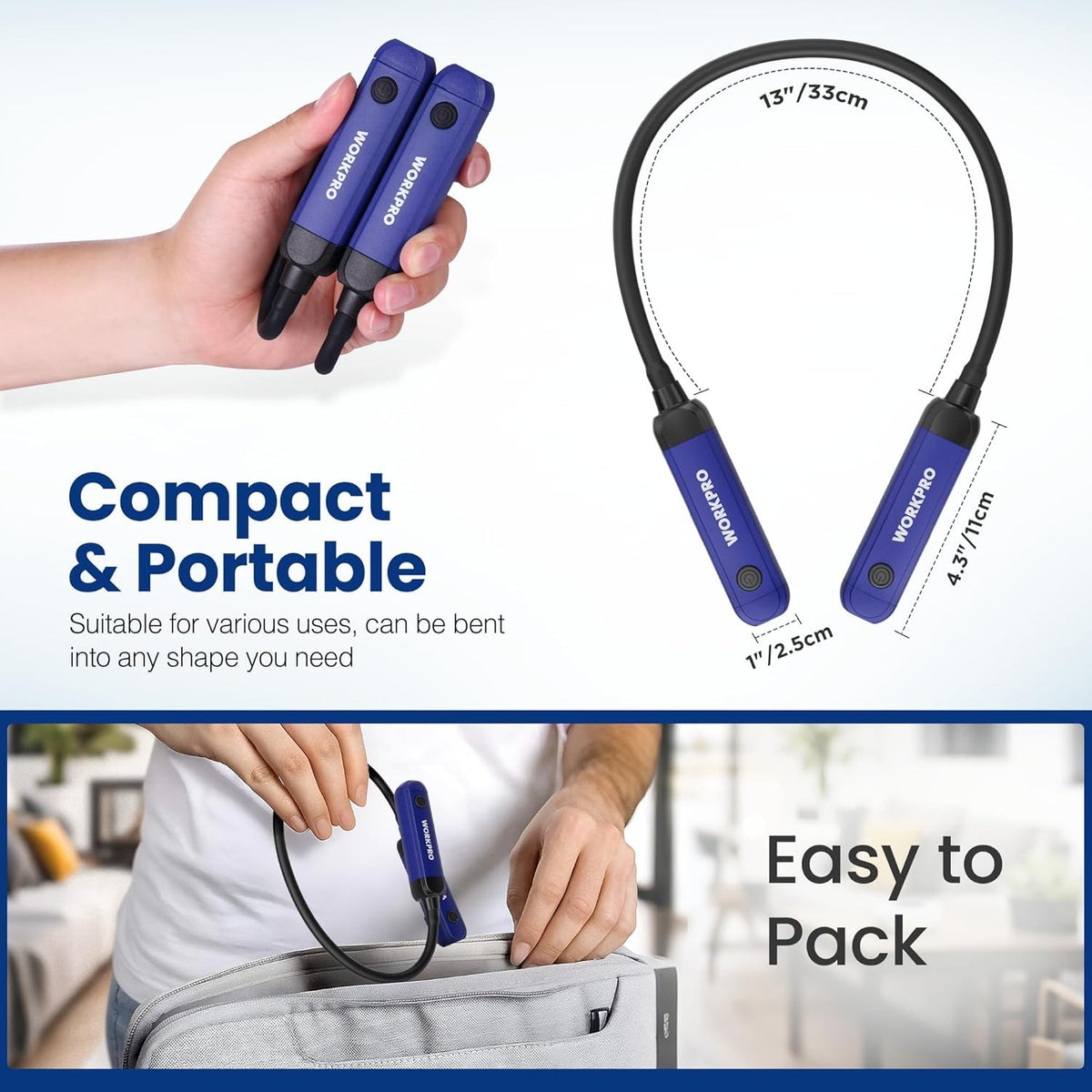 Rechargeable Neck Light with 3 Brightness Levels - Hands-Free LED Headlamp