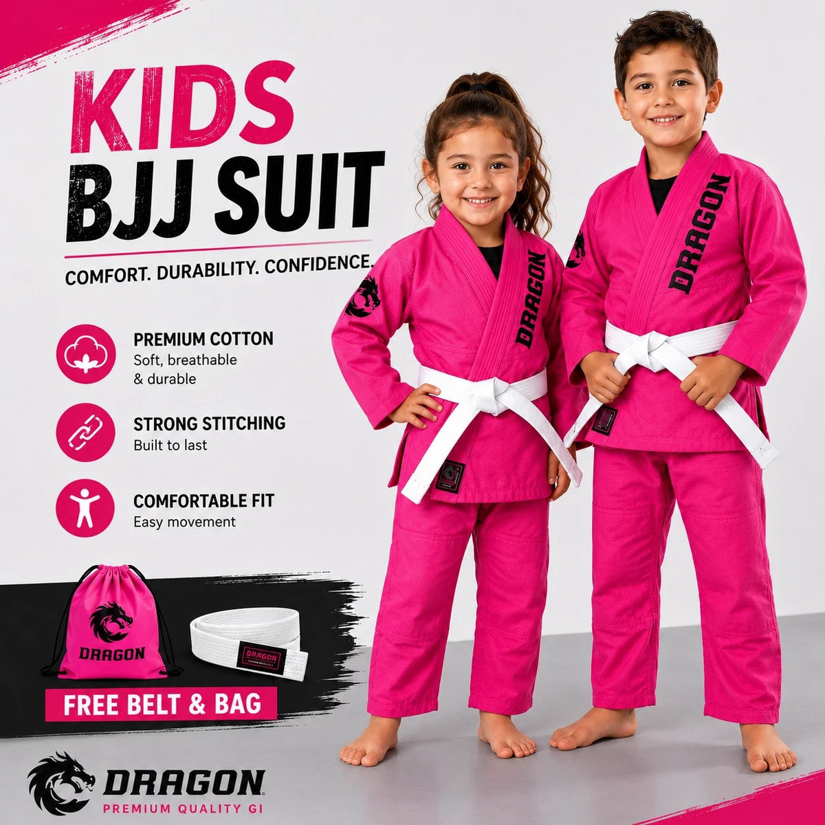 Kids Girls Pink BJJ Gi Suit with White Belt & Bag - Martial Arts Uniform