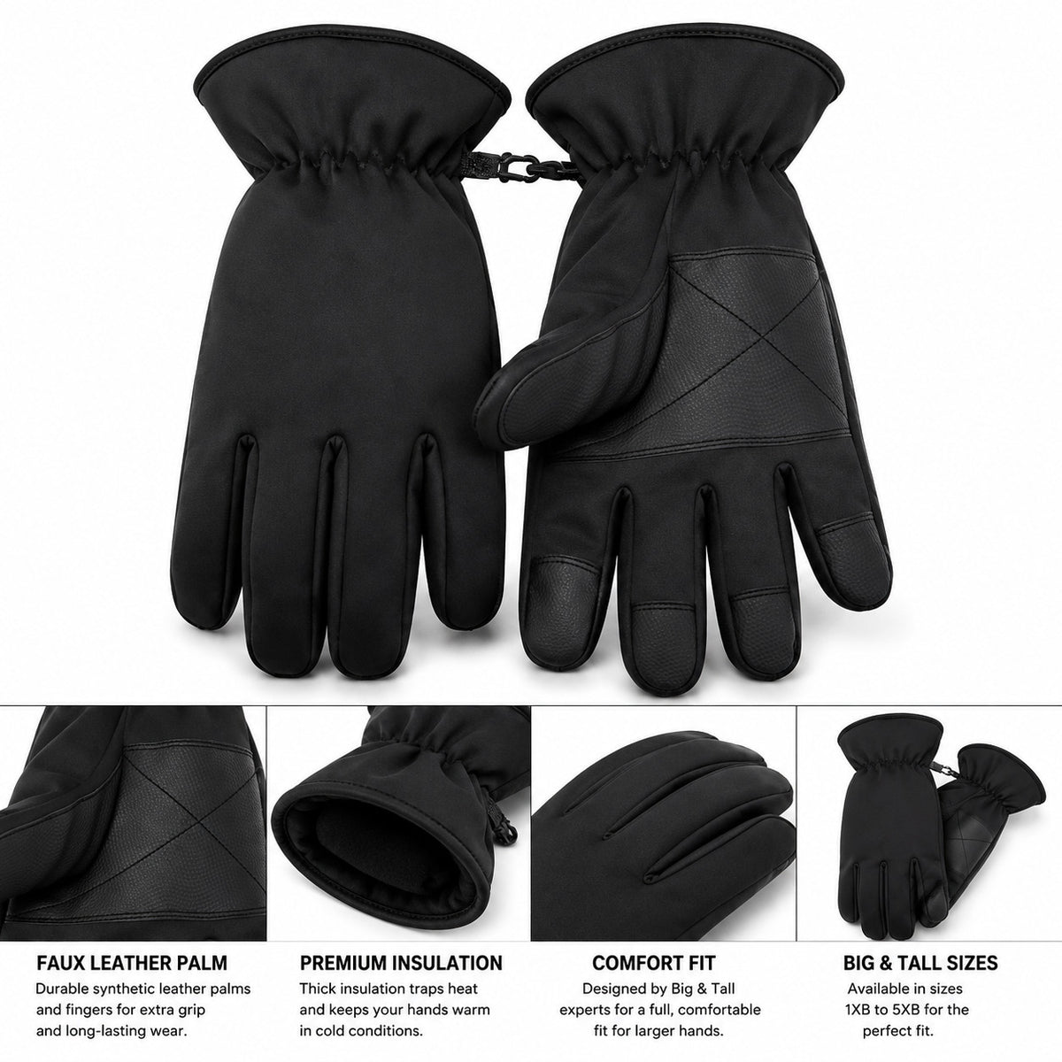 Big Man Winter Ski and Work Gloves with Faux Leather Grip - Sizes 1XB to 5XB