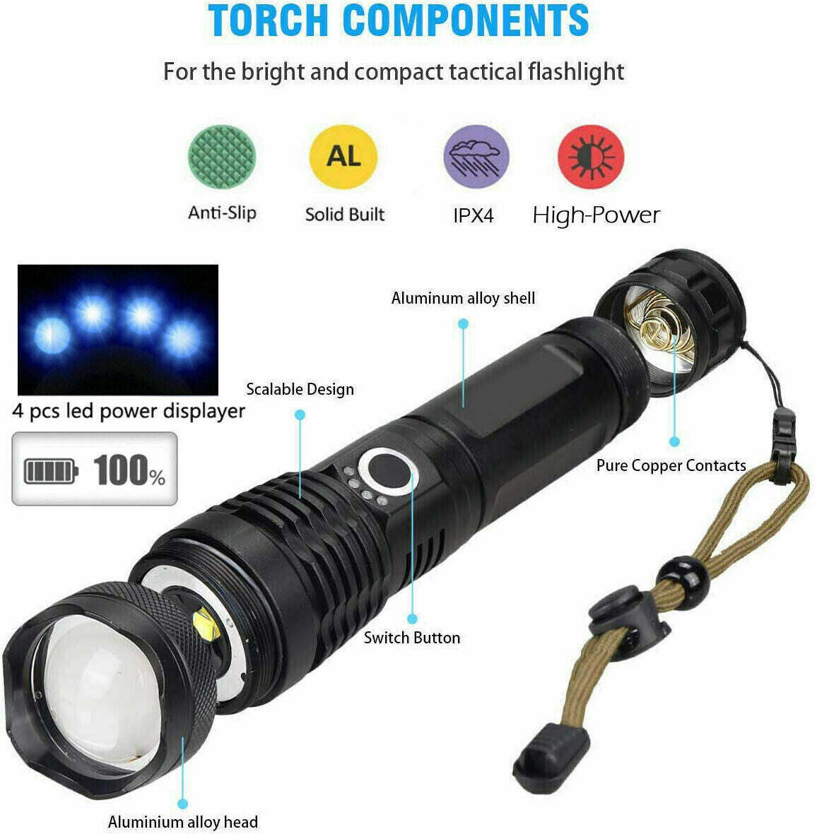 High Power 350,000LM LED Tactical Flashlight Rechargeable Zoom Torch