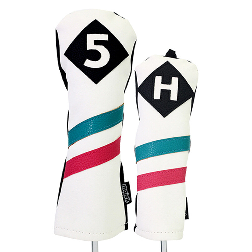 Golf Headcover Set for 260cc Woods & Hybrids - White with Teal Pink Stripes Leather Style