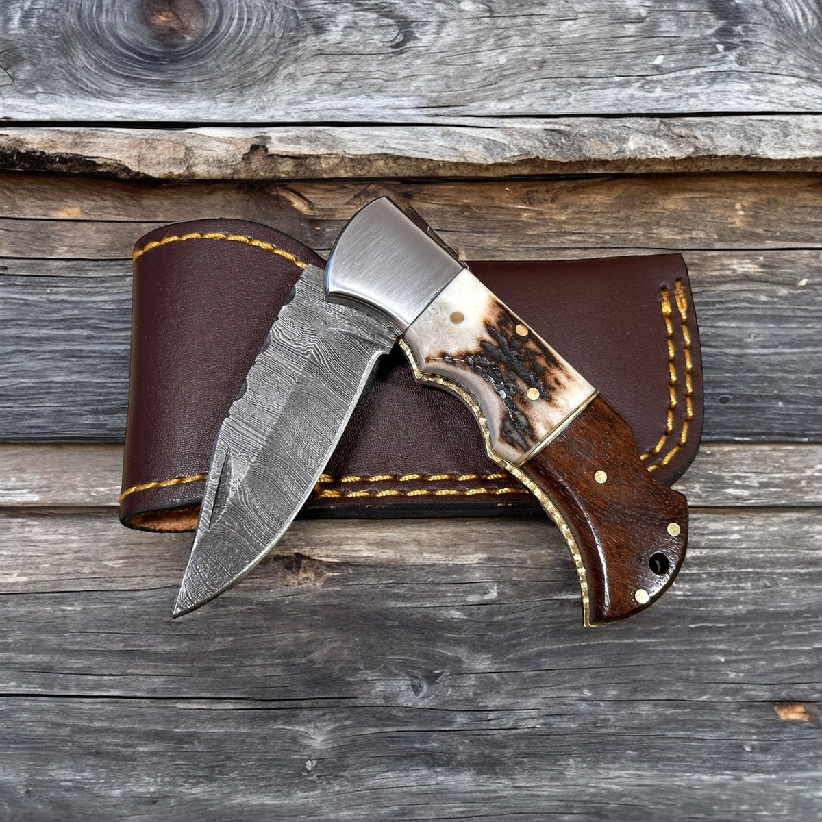 Personalized Damascus Folding Knife with Stag Antler and Rosewood Handle - Custom Engraving Gift