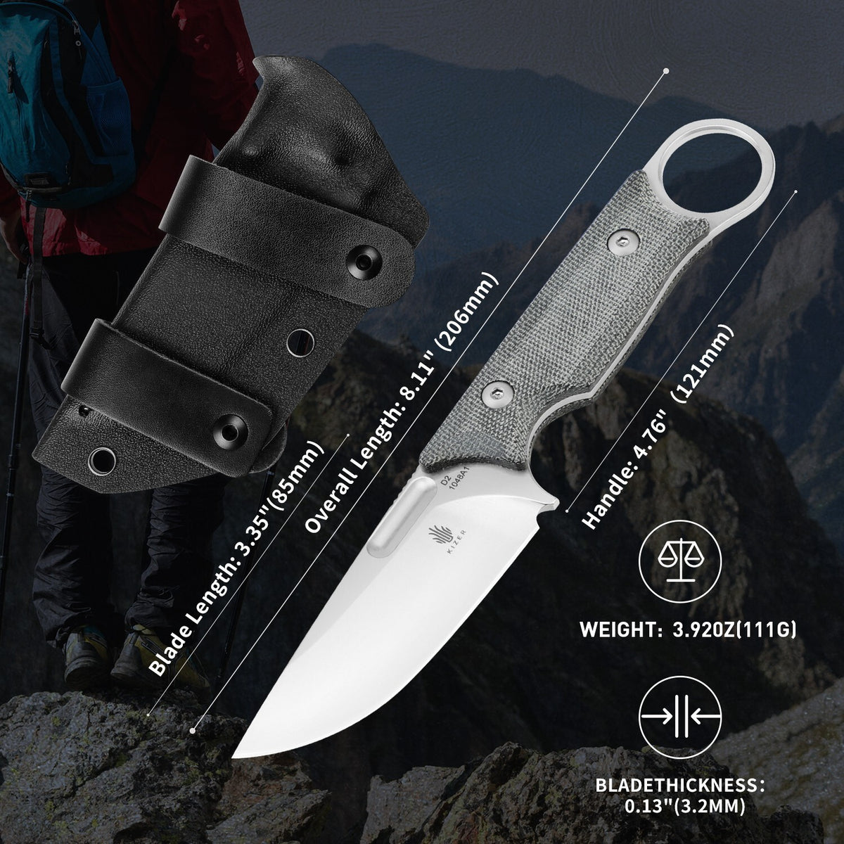 Fixed Blade Hunting Knife with D2 Steel Blade and Micarta Handle - 8.11 Inch