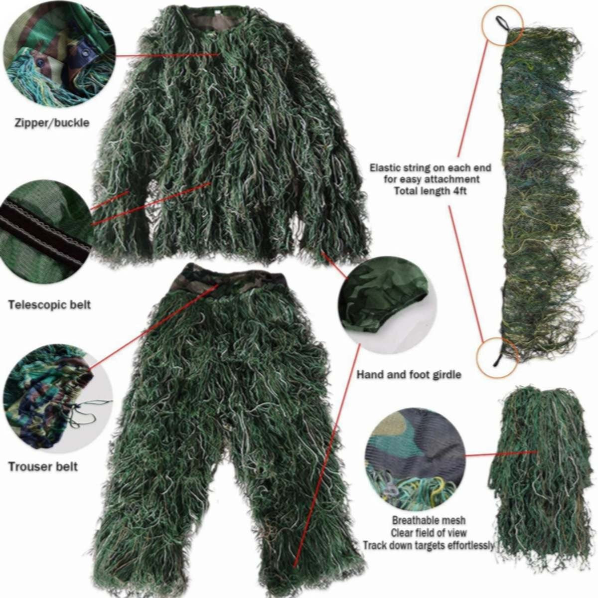 Camouflage Ghillie Suit for Hunting and Birdwatching - Tan 5-in-1
