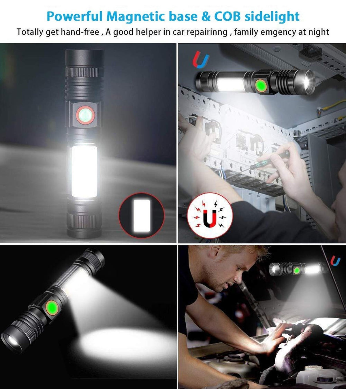 Rechargeable LED Flashlight with Magnetic Base & COB Sidelight – Super Bright, Waterproof, Zoomable