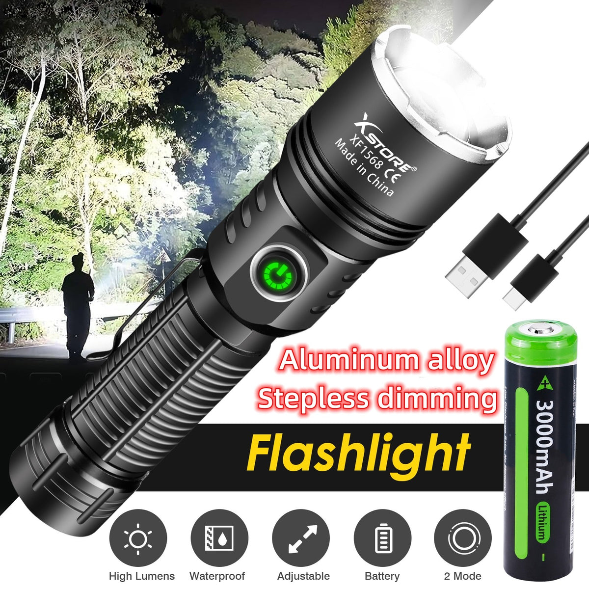 Rechargeable 15W LED Tactical Flashlight with Adjustable Focus Waterproof Work Light