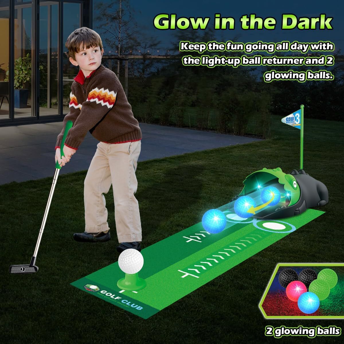 Kids Golf Set with Dinosaur Automatic Ball Return & LED Light