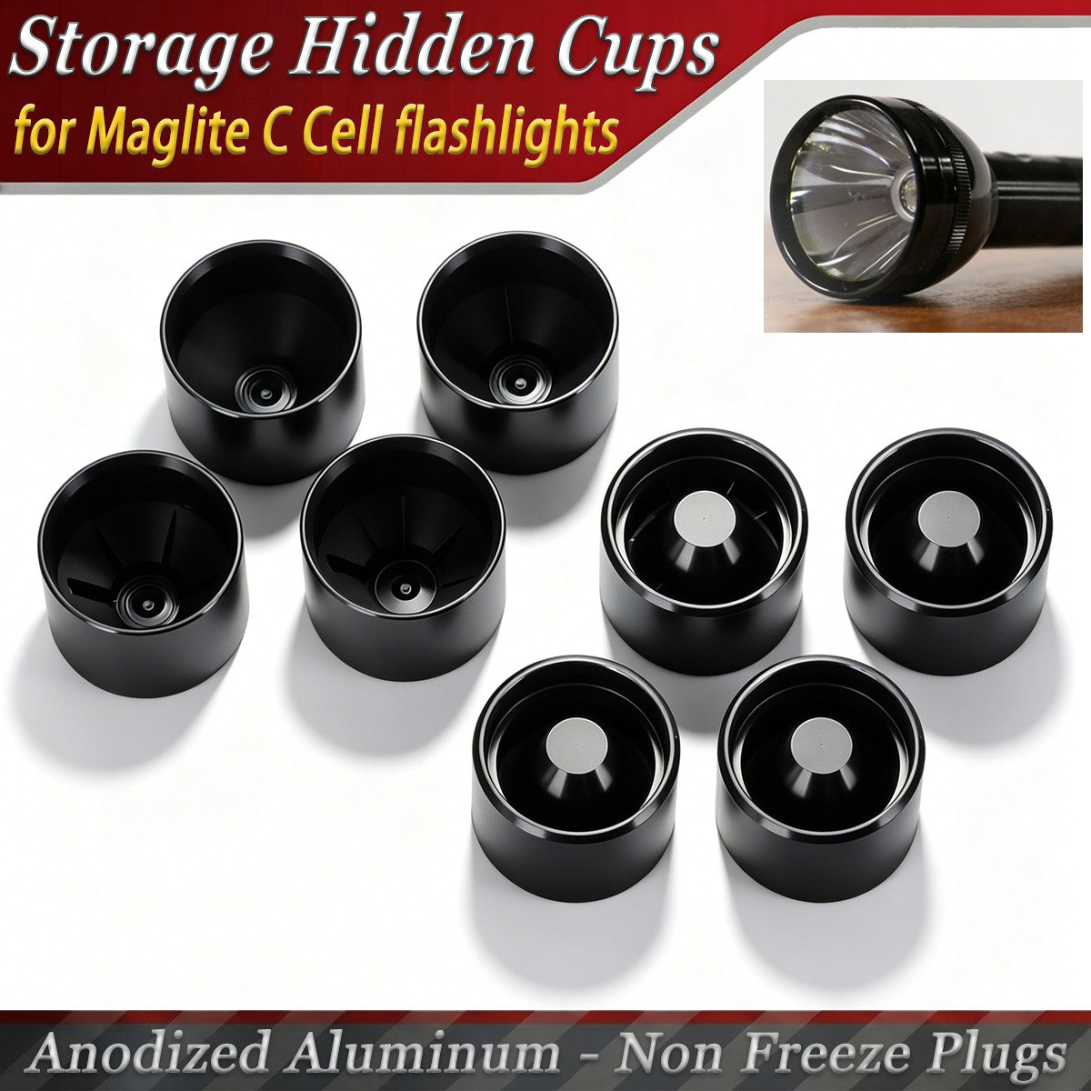8 Pack Hidden Storage Cups for Maglite C Cell Flashlights - Anodized Aluminum Discreet Compartments