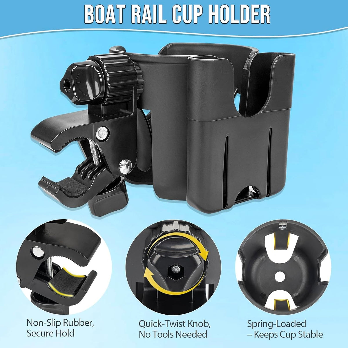 Marine Boat Rail Cup Holders 2 Pack Clamp-On 360° Adjustable Drink Holders