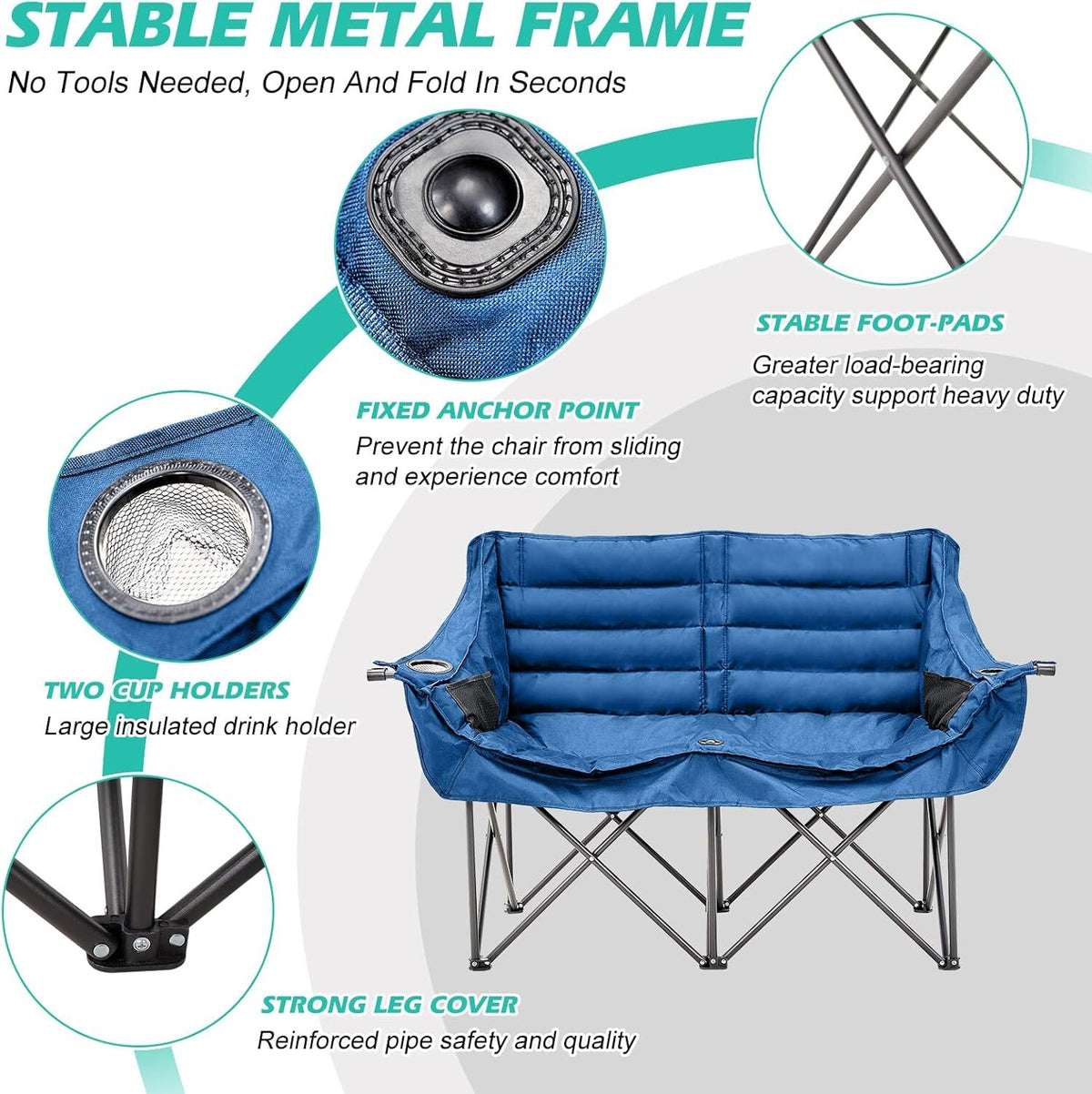 Heavy Duty Double Camping Chair for 2 People Folding Loveseat 990lb Capacity