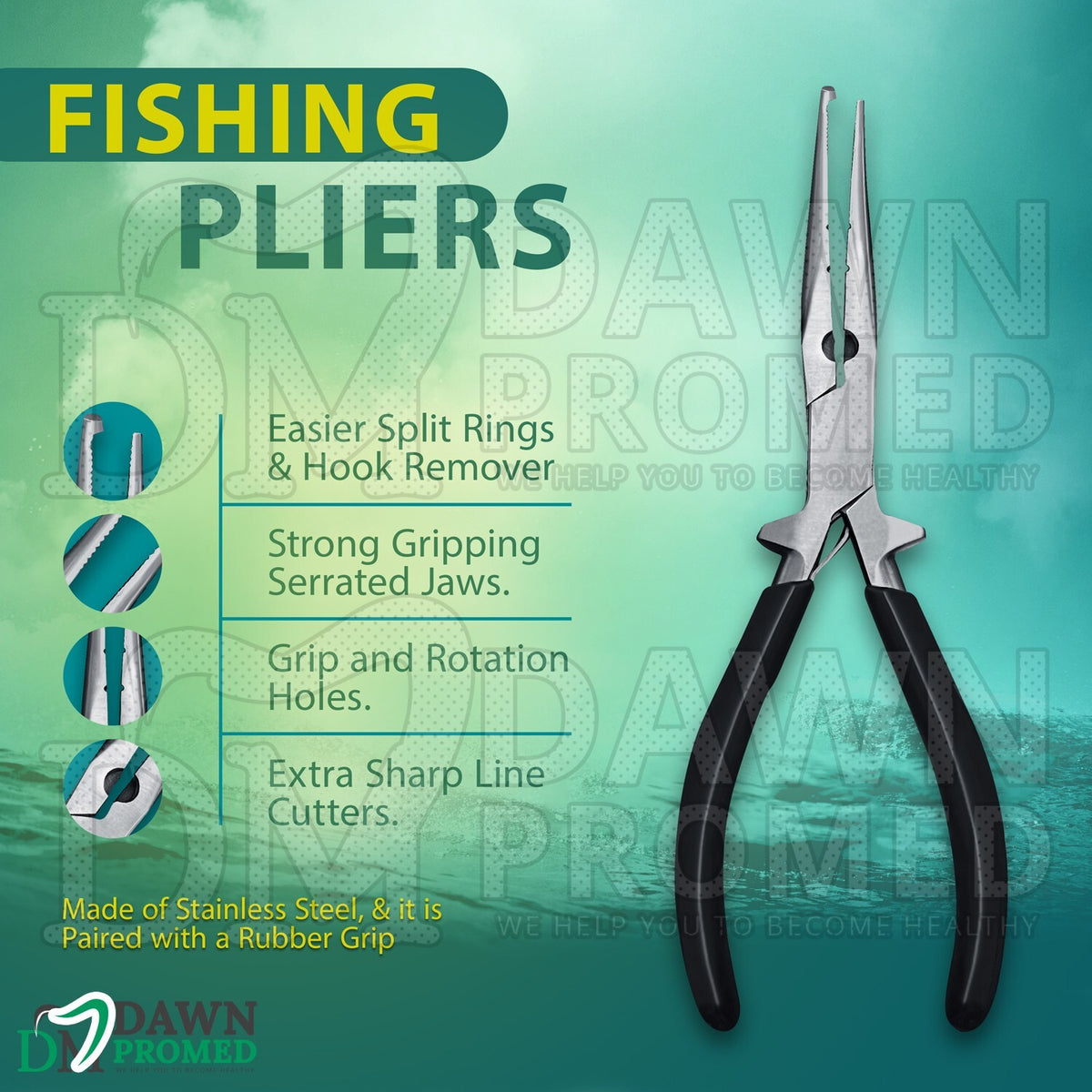 8.5-Inch Fishing Pliers with Hook Remover & Split Ring Tool - Stainless Steel