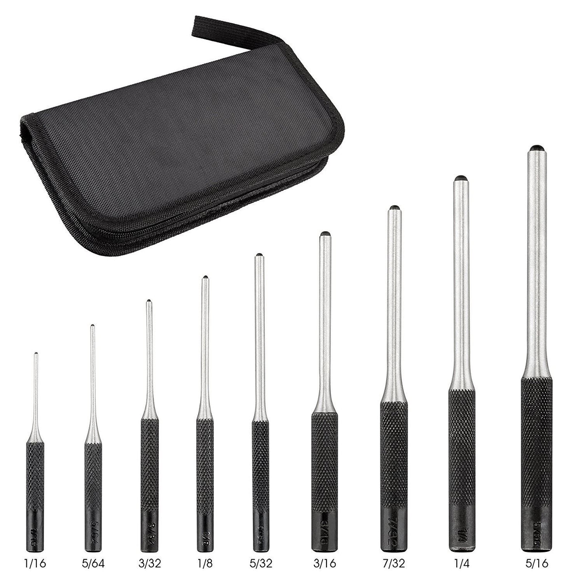 9-Piece Gun Grip Roll Pin Punch Set in Organizer Case - Hardened Steel Tools