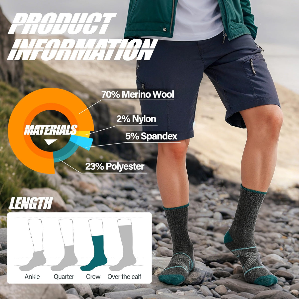 Merino Wool Hiking Socks - Large, Moisture-Wicking, Supportive, Multi-Color Set