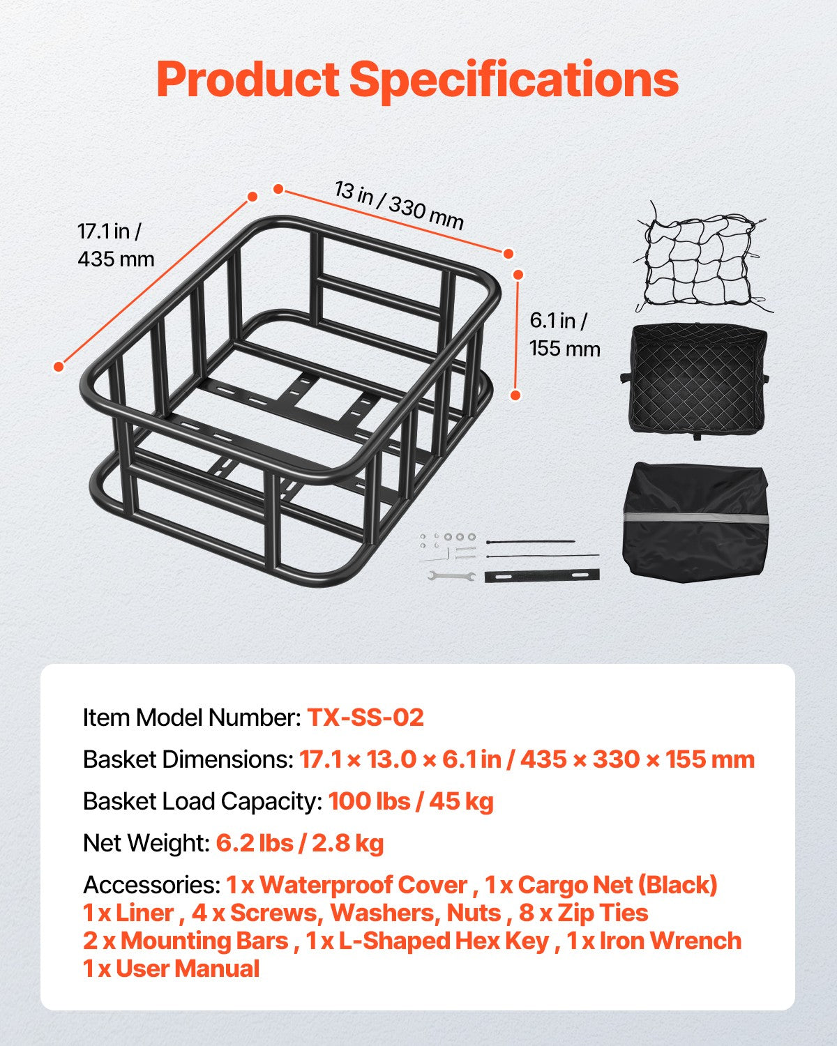 Bike Rear Cargo Basket with Rainproof Cover, Heavy-Duty Metal, 110 lbs Capacity