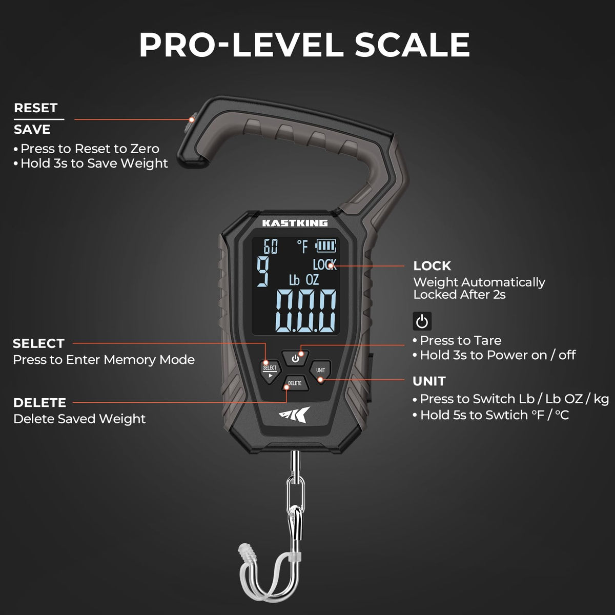 120 lb Waterproof Fishing Scale with Large Display, Tare & Temperature Sensor