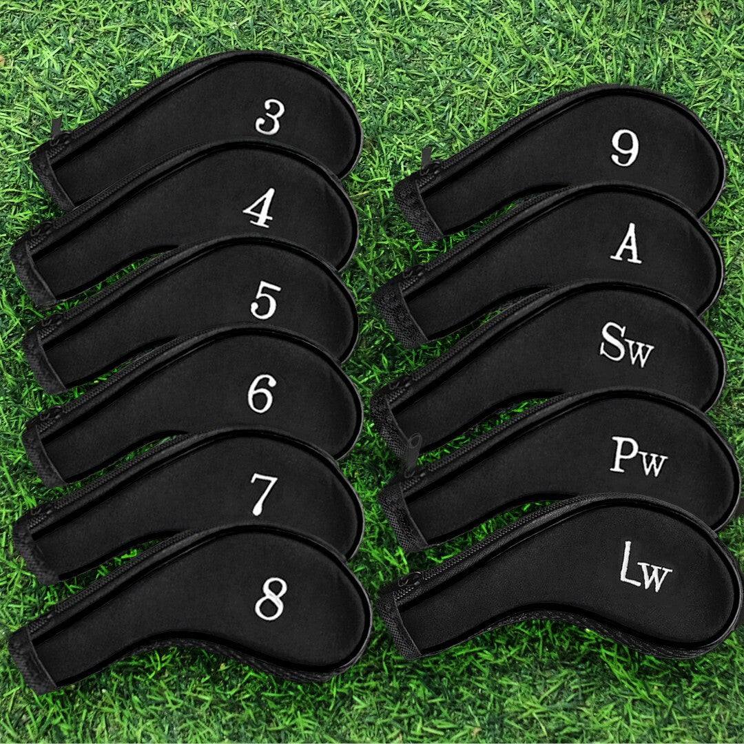 Golf Iron Head Covers 11-Piece Set Zippered Protects Clubs Left & Right Handed Black