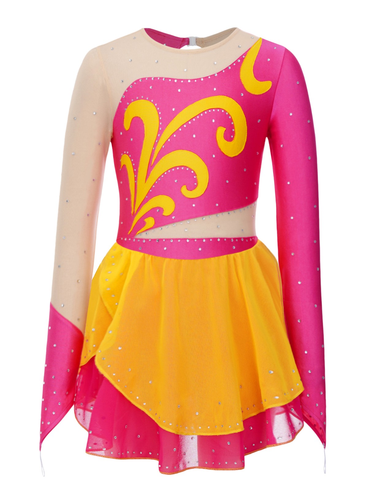 Girls Figure Skating Dress Long Sleeve Rhinestone Mesh Ice Skating Competition