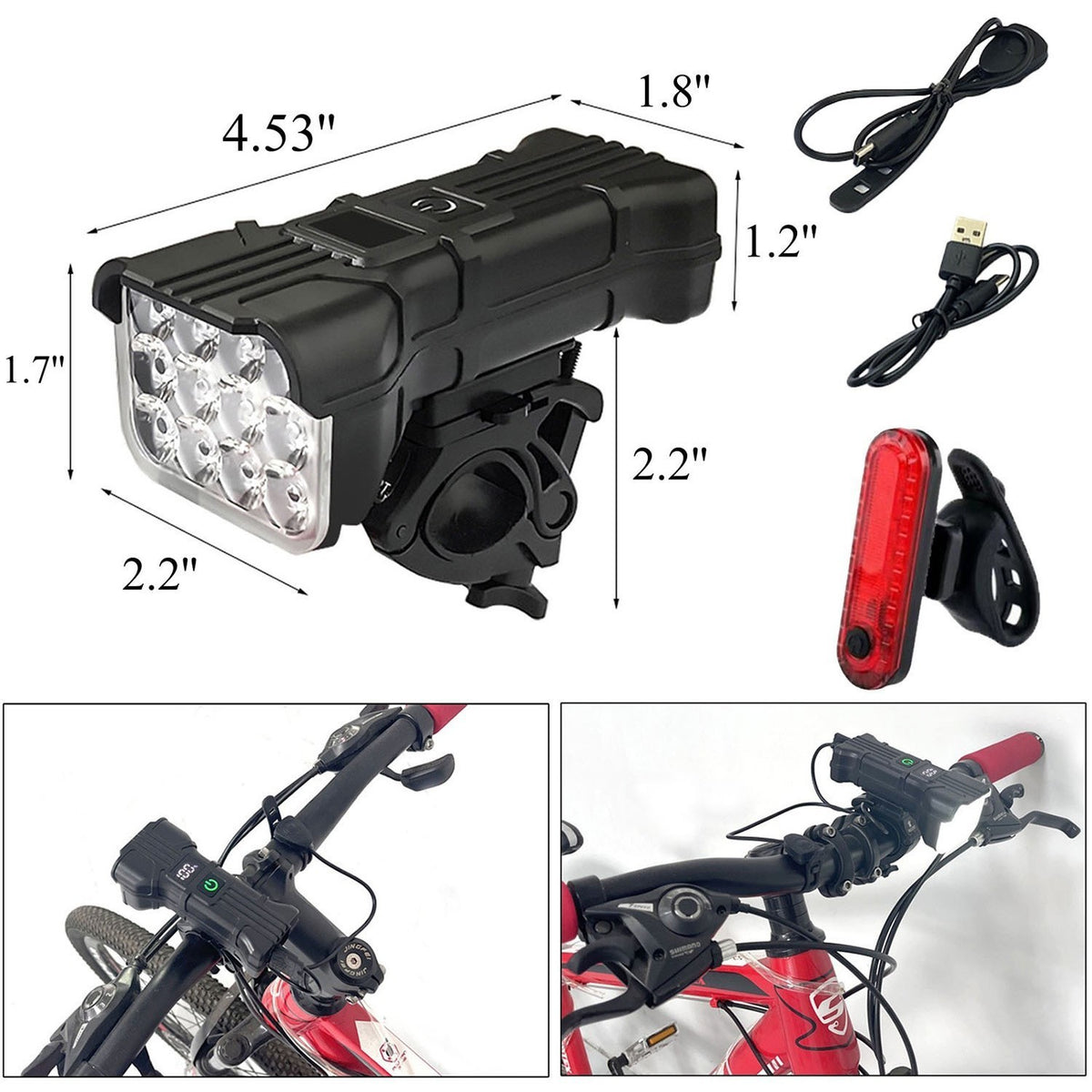 USB Rechargeable LED Bike Light Set with Horn Waterproof Front and Rear Cycling Lamps