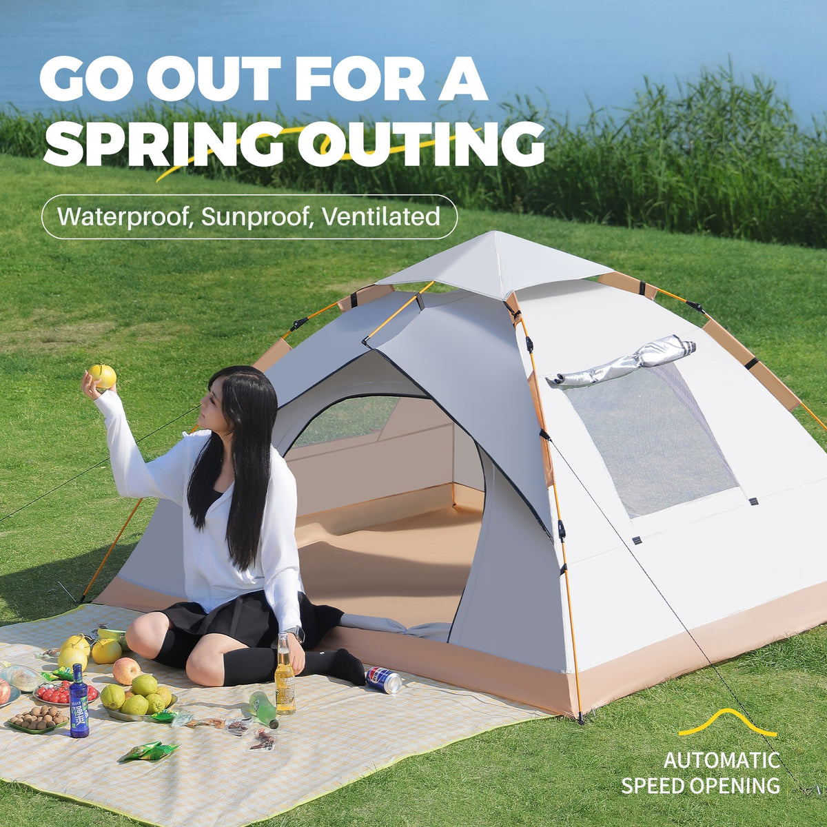 Pop-Up 3-4 Person Camping Tent Beige Waterproof Sun Shelter with Doors & Windows