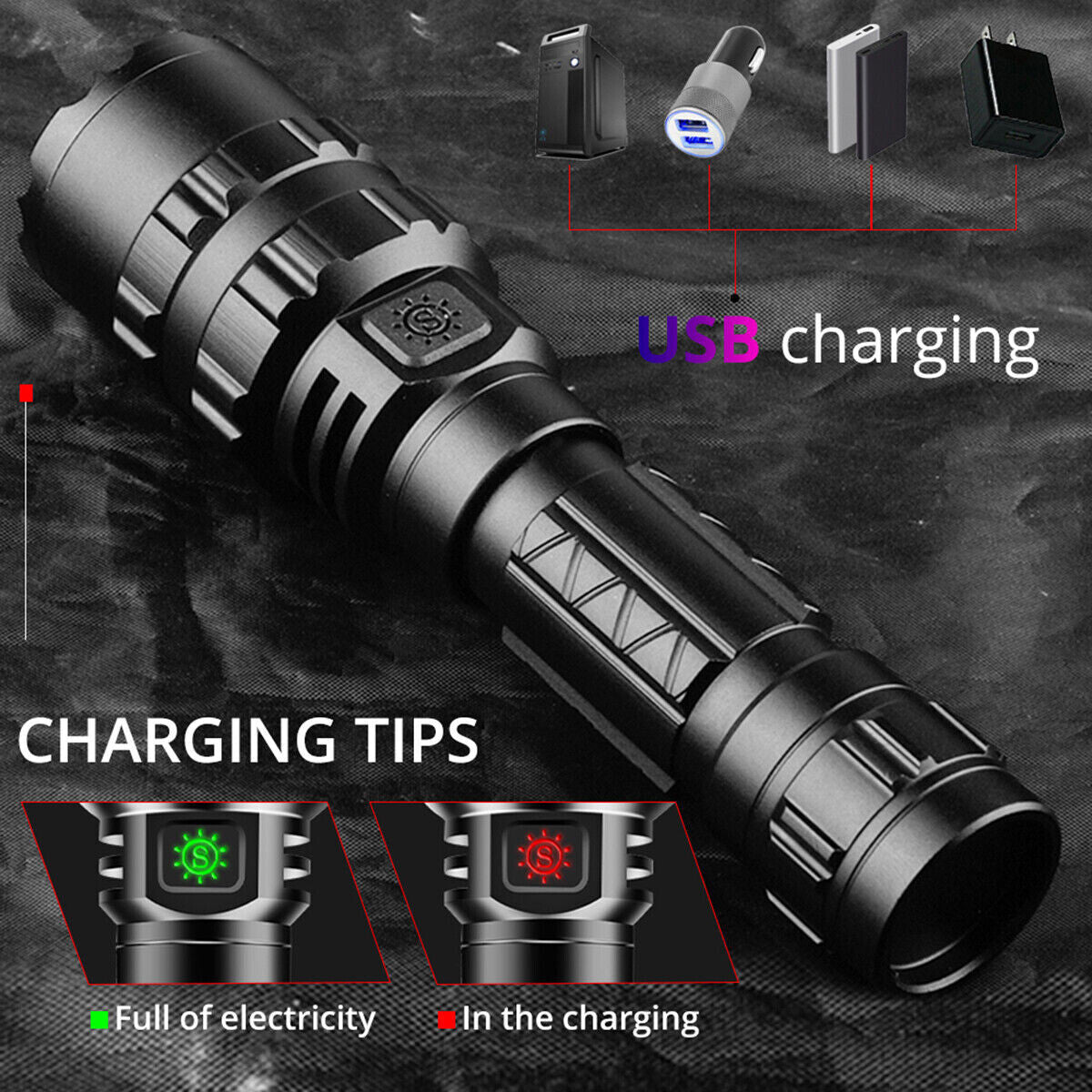 Super Bright Rechargeable Tactical LED Flashlight with 5 Modes Waterproof Portable Torch