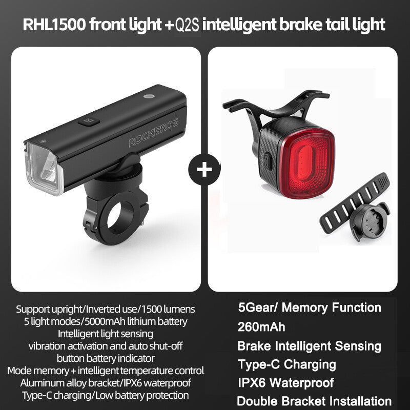 High Brightness Bike Front & Rear Light Set USB-C LED Headlight 1500LM