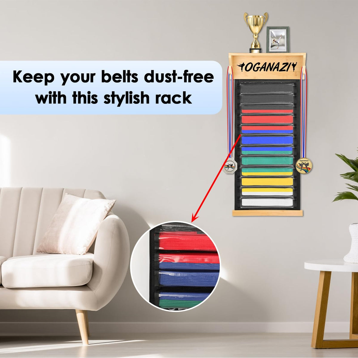 Martial Arts Belt Display Rack for Karate & Taekwondo Belts Wall Mount 12 Belts