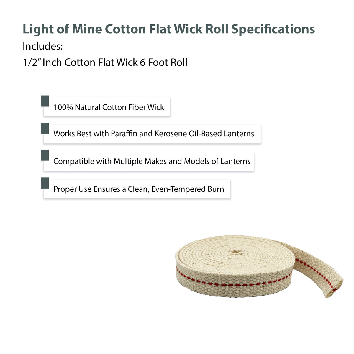 Cotton Wick for Oil Lamps - 1/2 Inch, 6 Feet, Paraffin & Kerosene Use