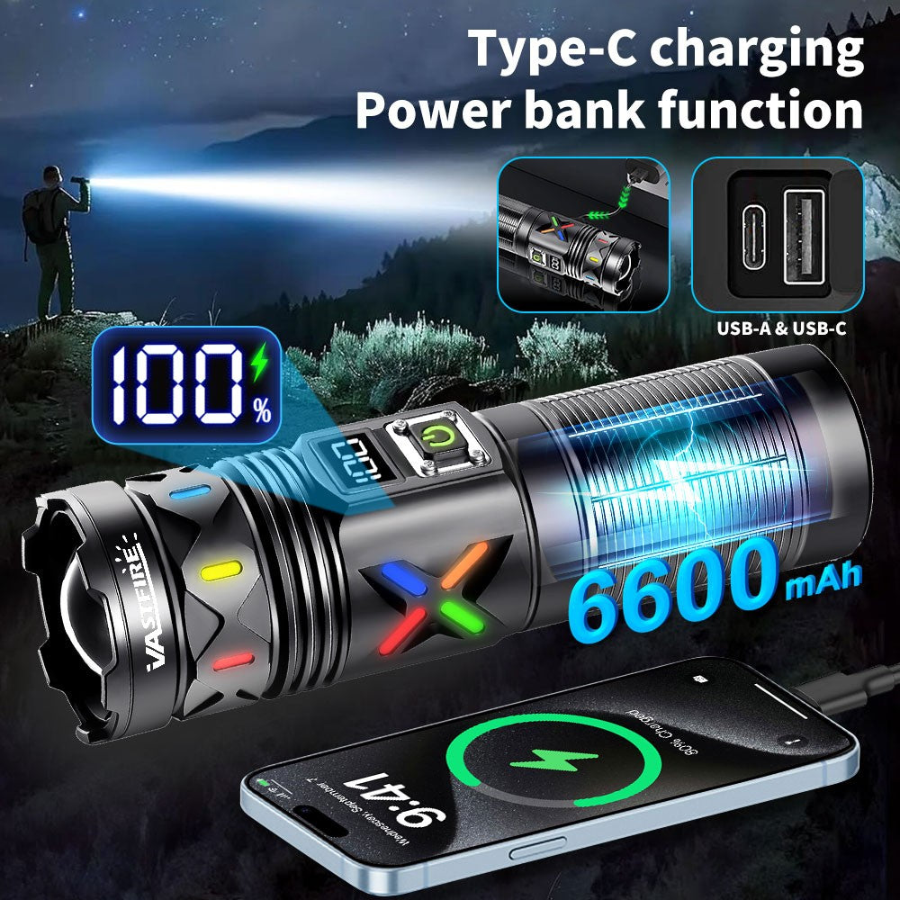 50W High Power Laser White LED Flashlight with Telescopic Zoom & Type-C USB Charging