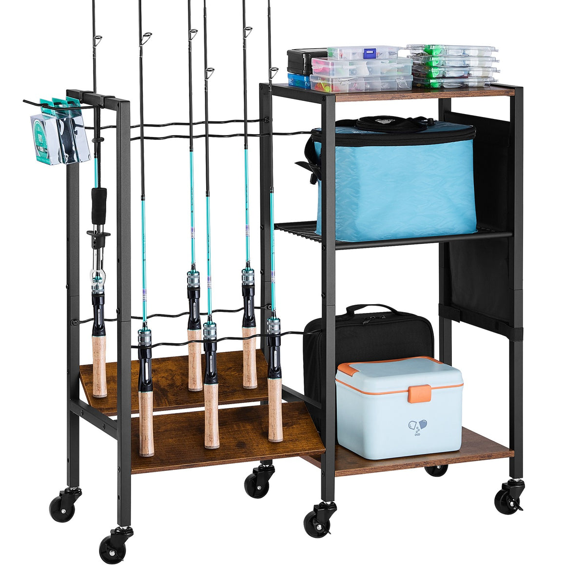 12-Pole Fishing Rod Holder Cart with Wheels for Garage & Storage