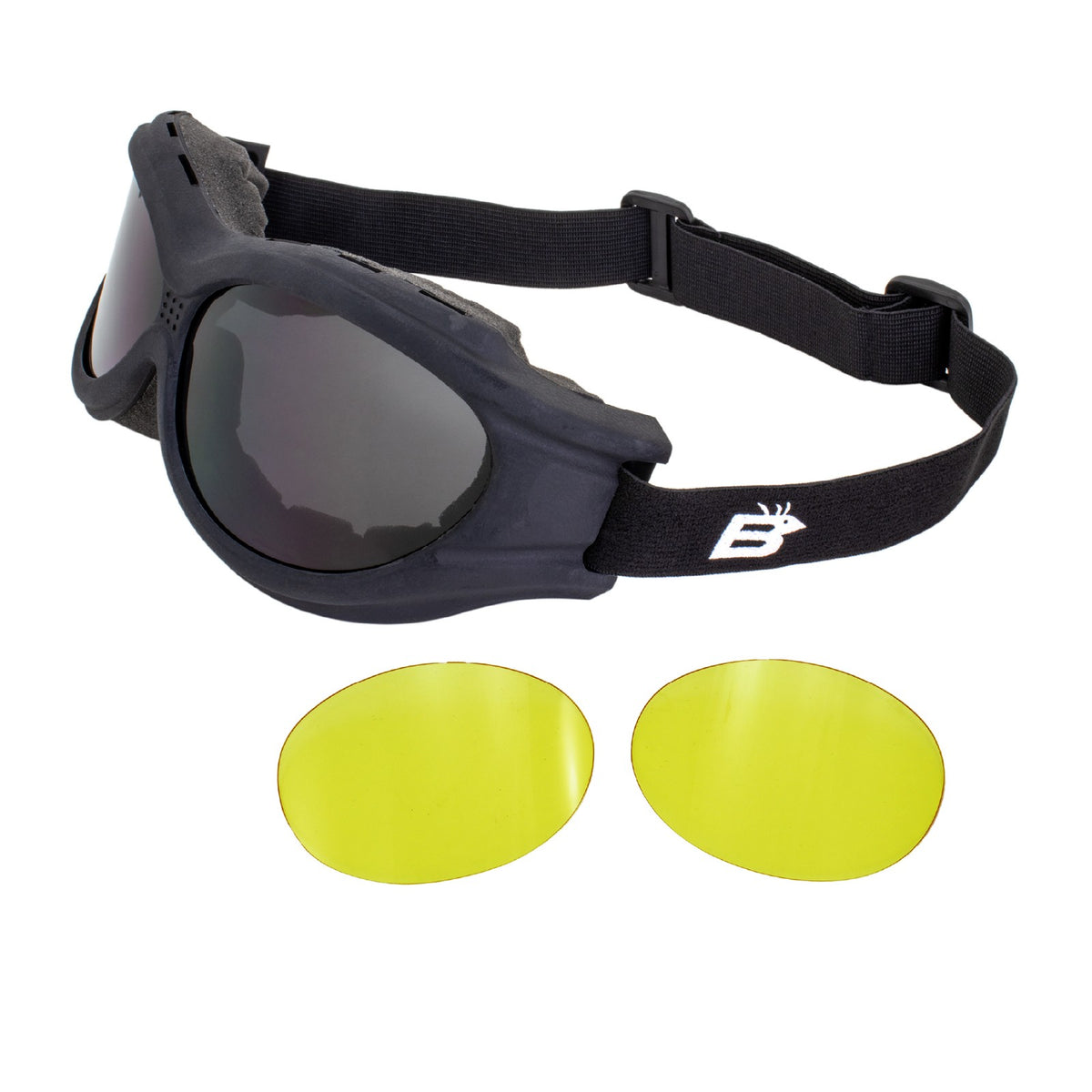 Black Frame Motorcycle Goggle Kit with Smoke and Yellow Lenses - Over Glasses Safety Eyewear